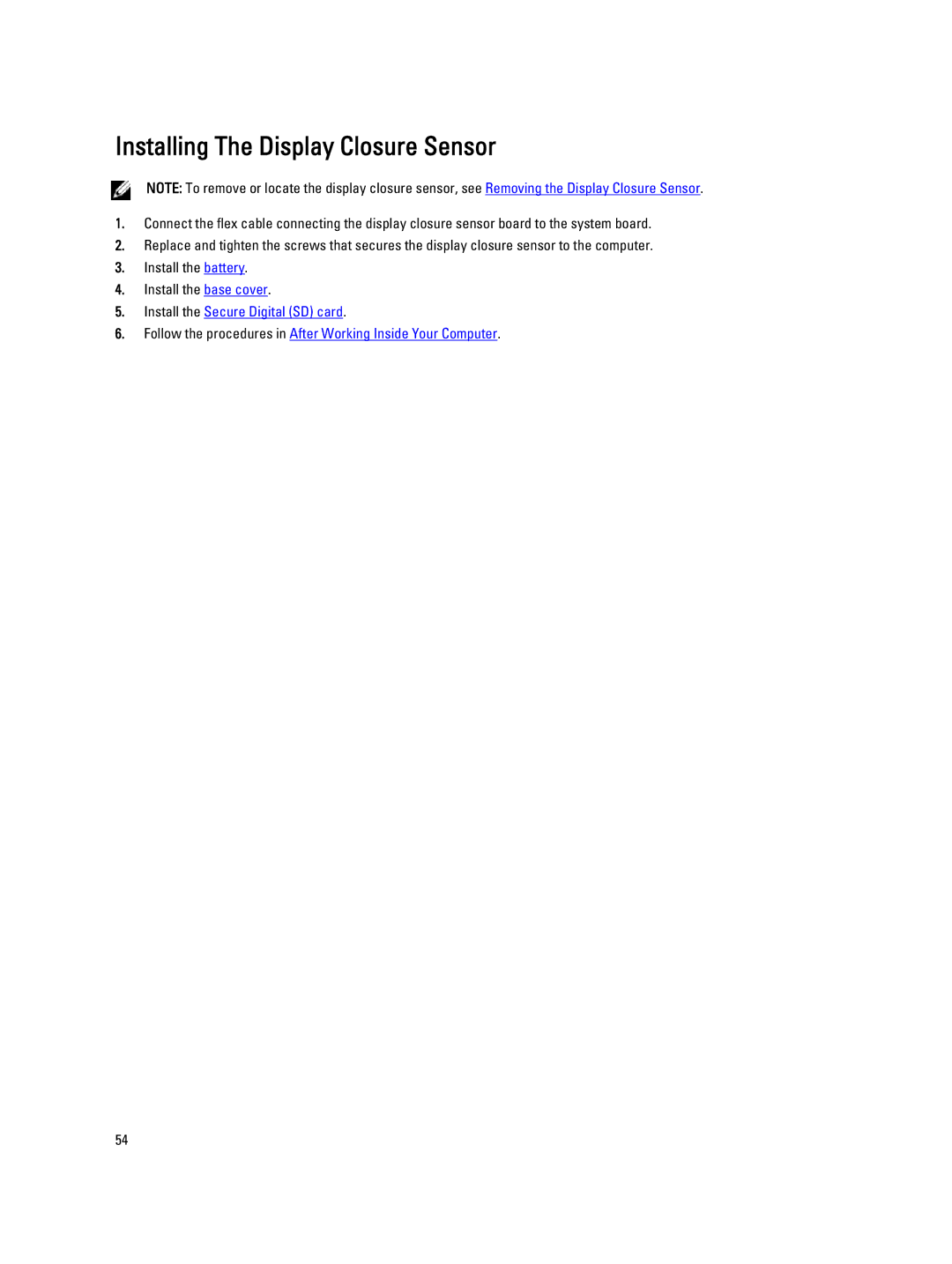 Dell V130 service manual Installing The Display Closure Sensor 