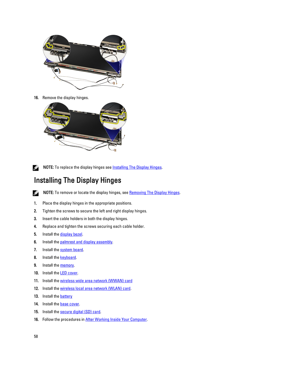 Dell V130 service manual Installing The Display Hinges 