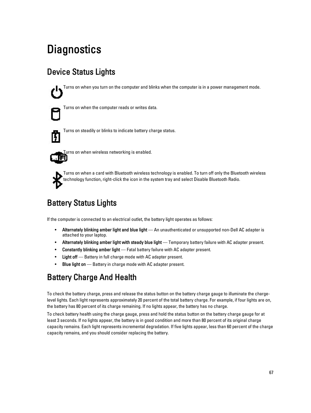 Dell V130 service manual Diagnostics, Device Status Lights, Battery Status Lights, Battery Charge And Health 