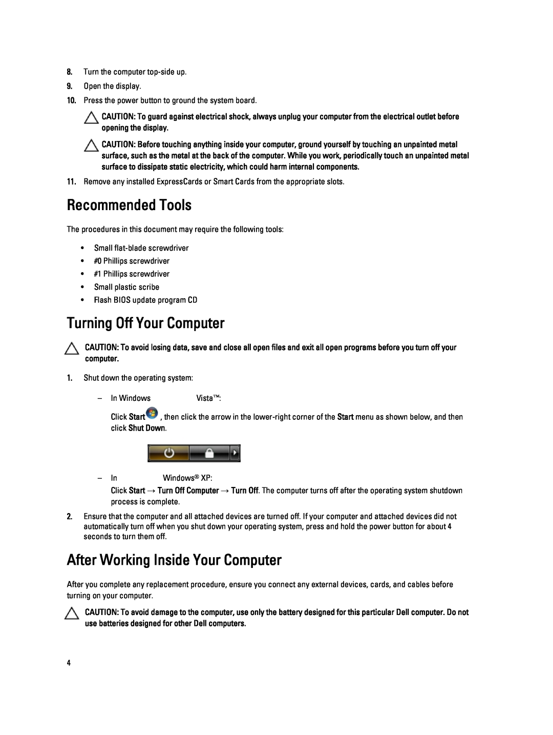 Dell V130 service manual Recommended Tools, Turning Off Your Computer, After Working Inside Your Computer 