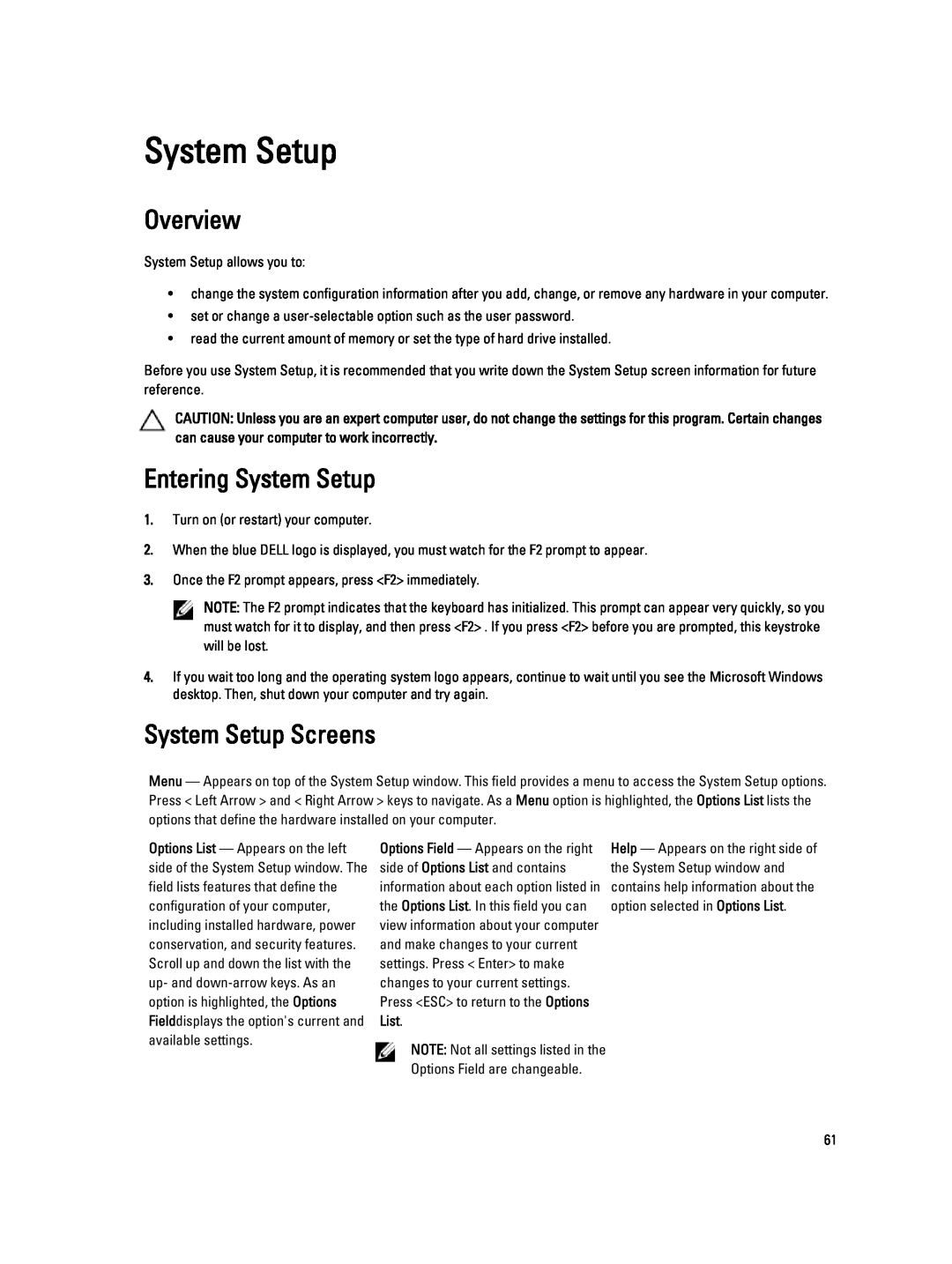 Dell V130 service manual Overview, Entering System Setup, System Setup Screens 