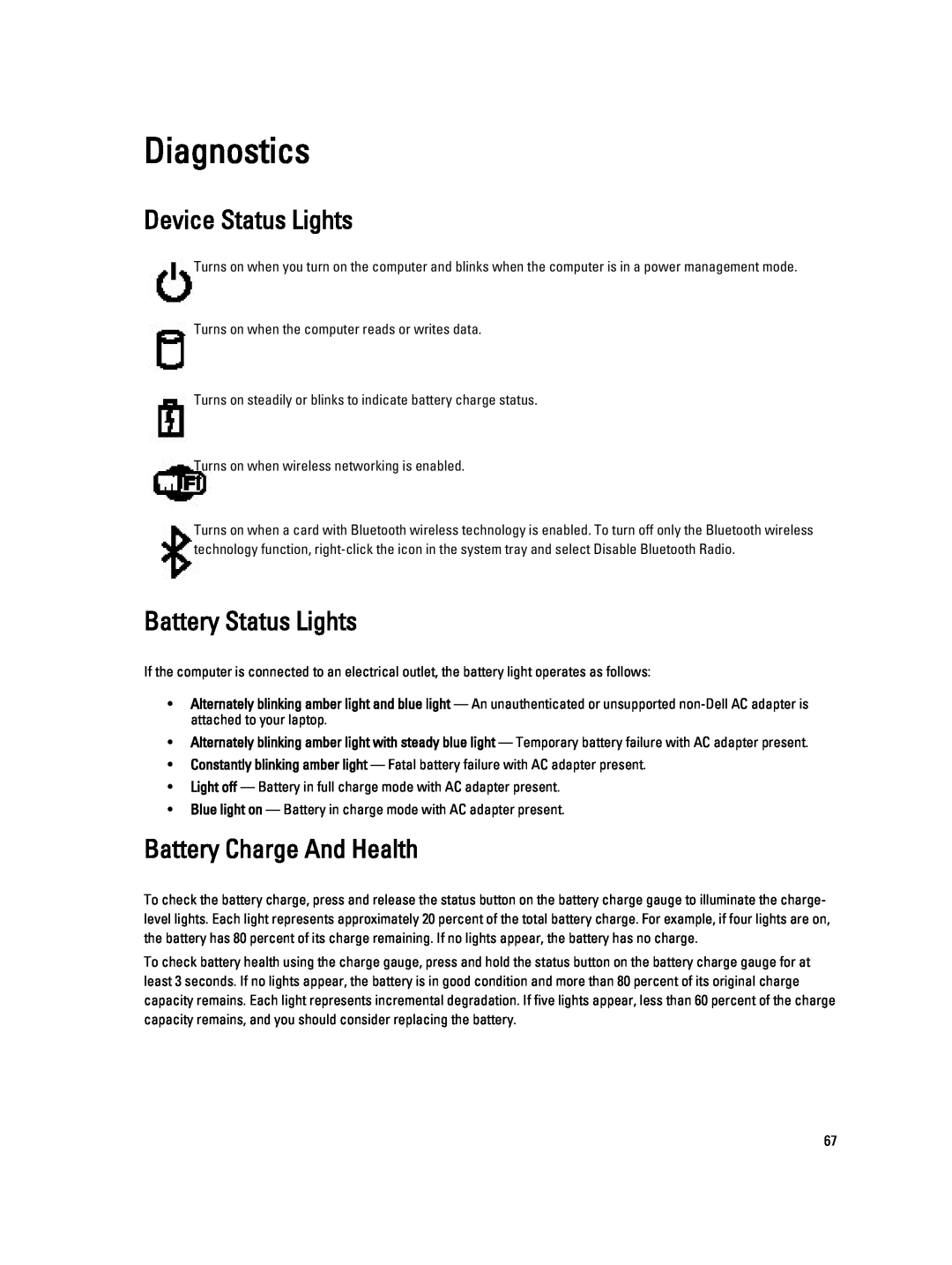 Dell V130 service manual Diagnostics, Device Status Lights, Battery Status Lights, Battery Charge And Health 