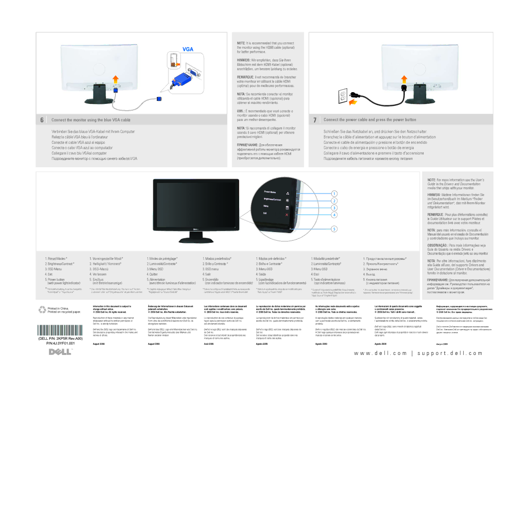 Dell V15J2, ST2010-BLK Connect the monitor using the blue VGA cable, Connect the power cable and press the power button 