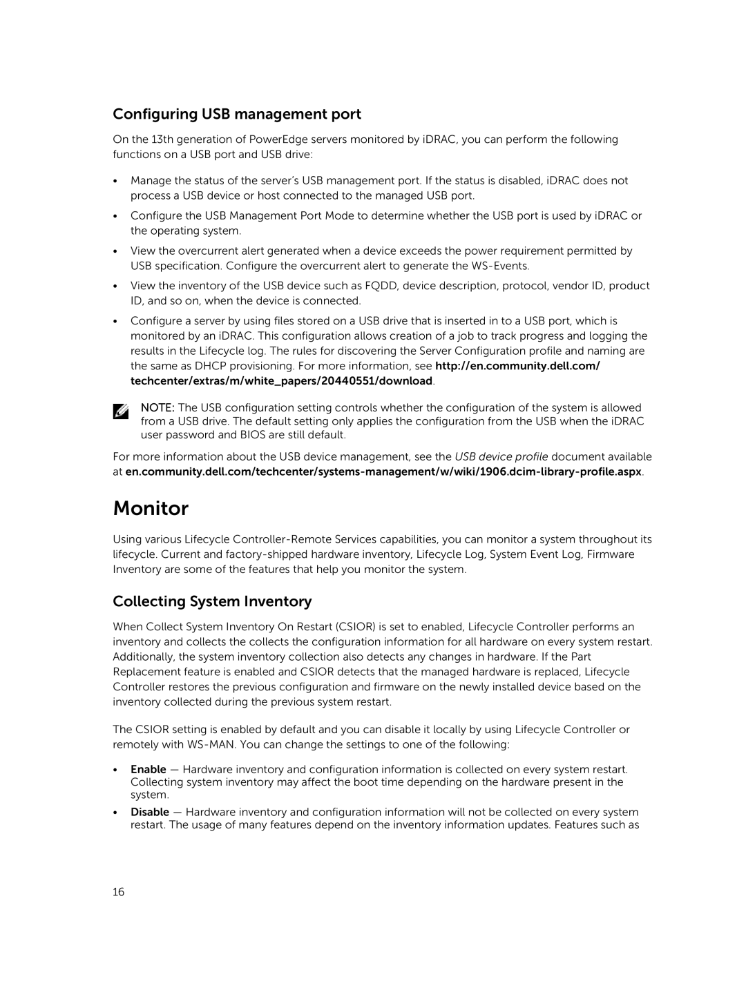 Dell v2.10.10.10 quick start Monitor, Configuring USB management port, Collecting System Inventory 