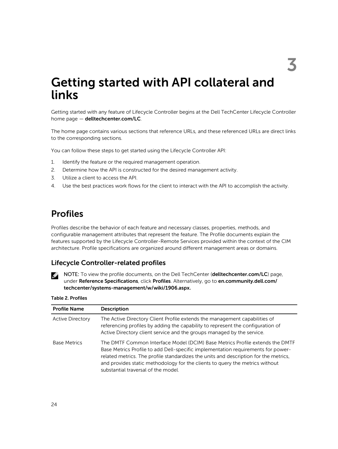 Dell v2.10.10.10 quick start Getting started with API collateral and links, Profiles, Lifecycle Controller-related profiles 