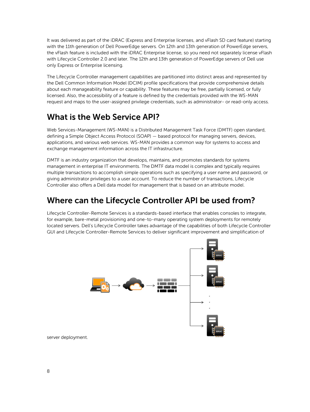 Dell v2.10.10.10 quick start What is the Web Service API?, Where can the Lifecycle Controller API be used from? 