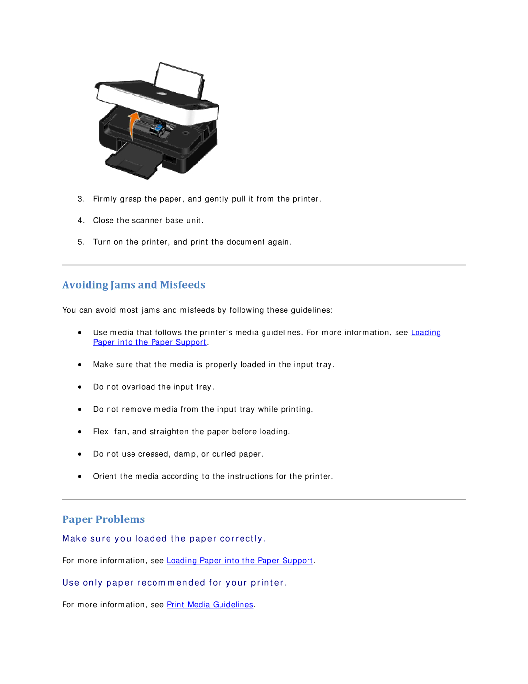 Dell V305 owner manual Avoiding Jams and Misfeeds, Paper Problems 