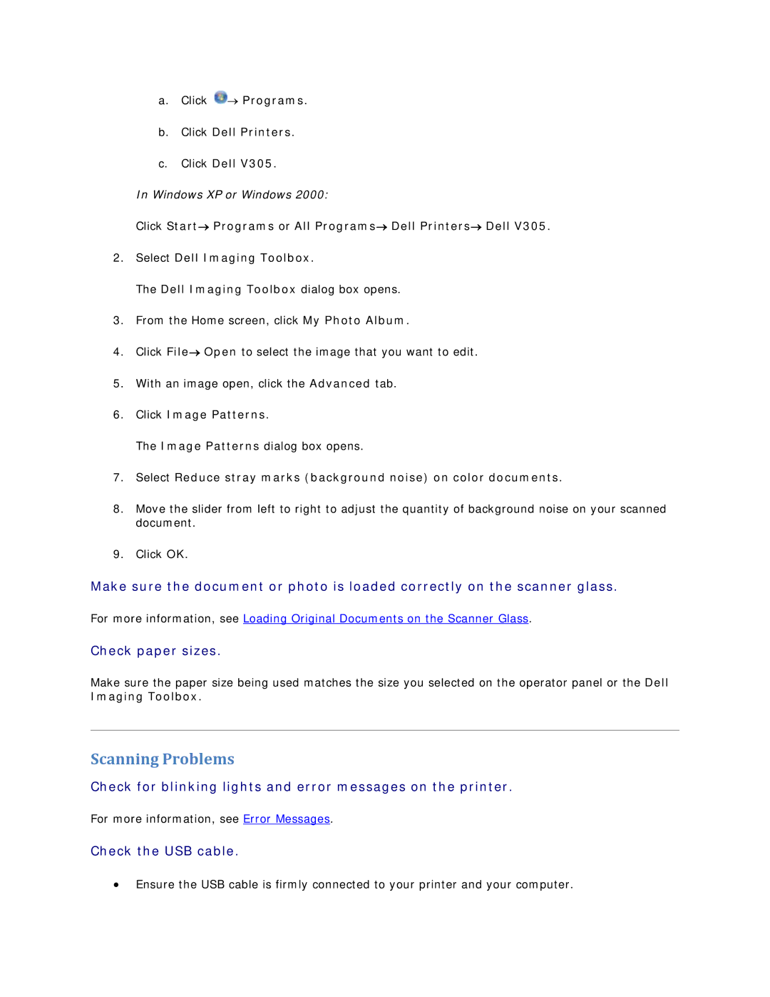 Dell V305 owner manual Scanning Problems, Check paper sizes 