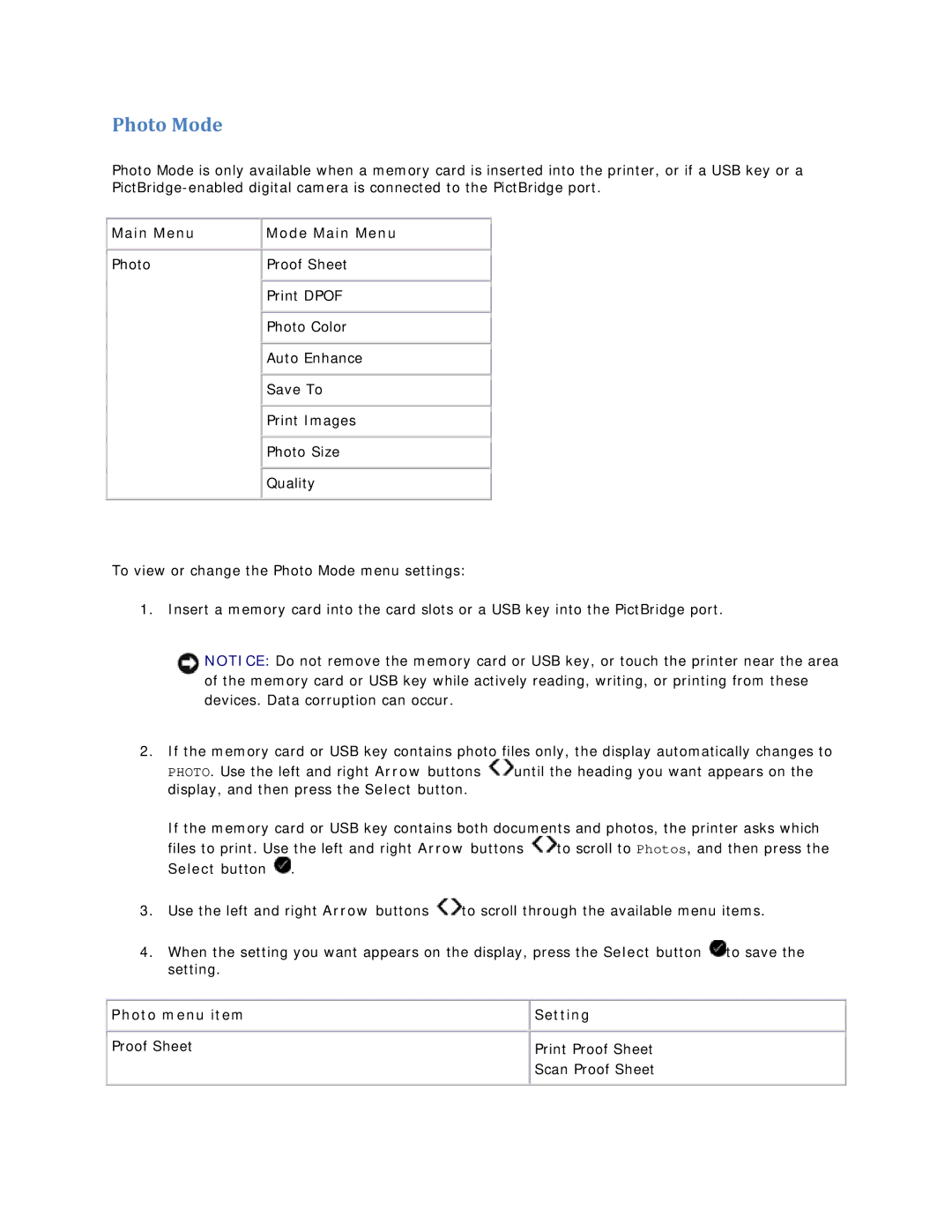 Dell V305 owner manual Photo Mode, Photo menu item, Setting 