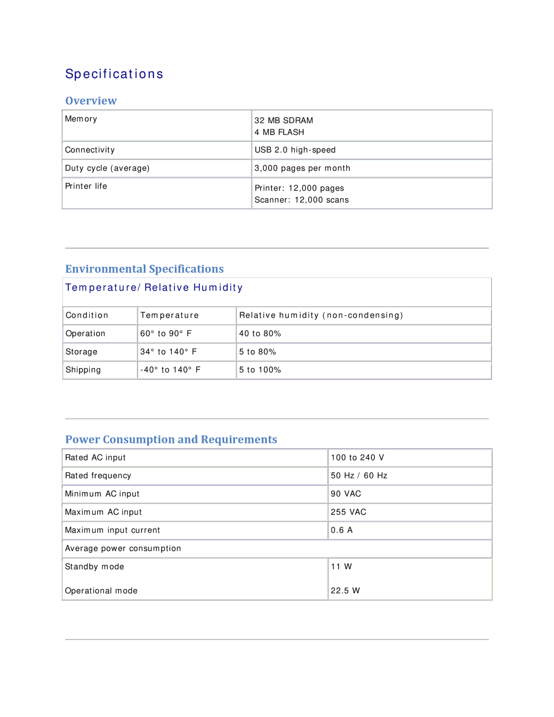 Dell V305 owner manual Overview, Environmental Specifications, Power Consumption and Requirements 