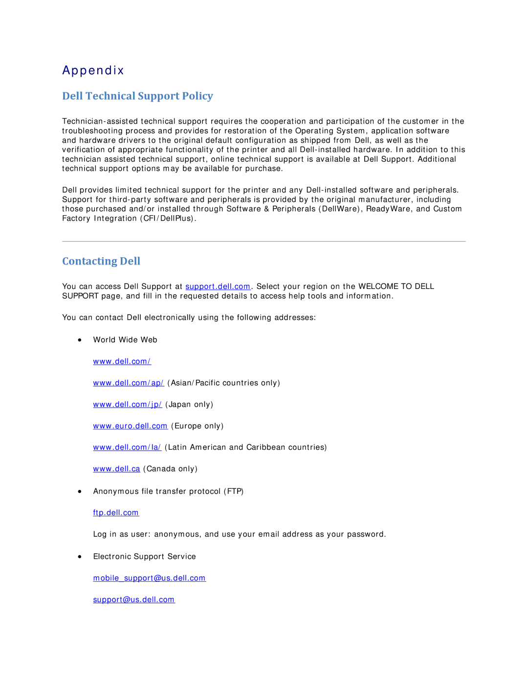Dell V305 owner manual Appendix, Dell Technical Support Policy, Contacting Dell 