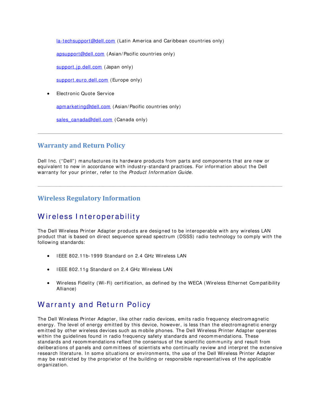 Dell V305 owner manual Wireless Interoperability, Warranty and Return Policy, Wireless Regulatory Information 