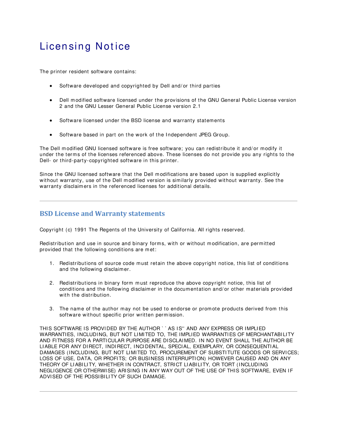 Dell V305 owner manual Licensing Notice, BSD License and Warranty statements 