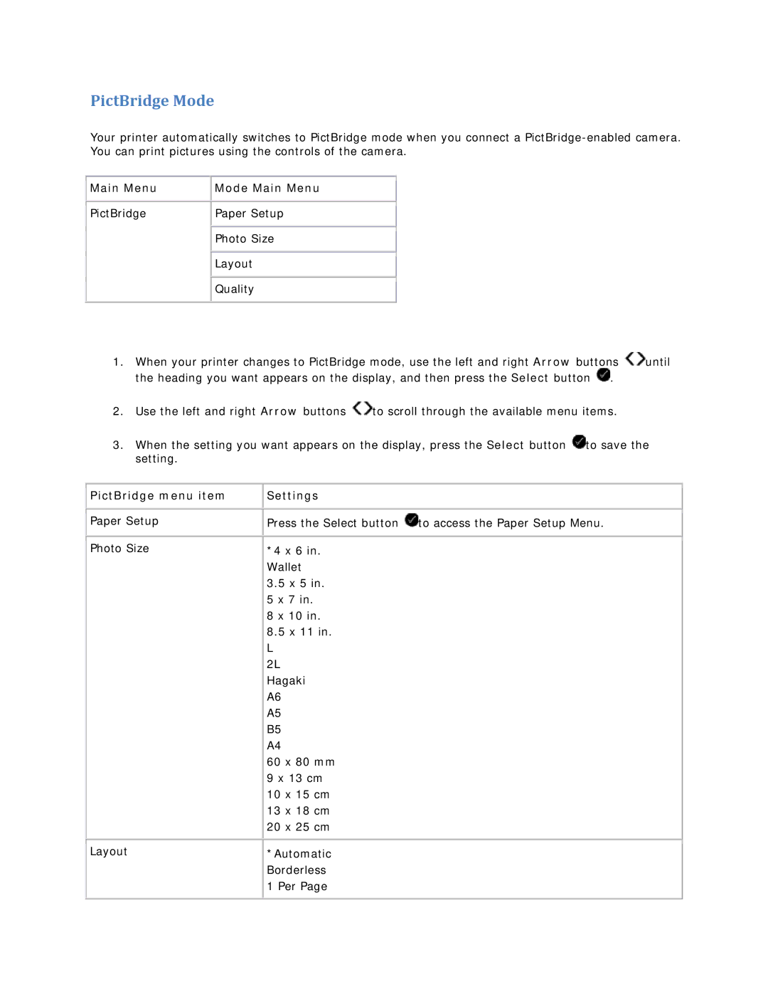 Dell V305 owner manual PictBridge Mode, PictBridge menu item Settings 