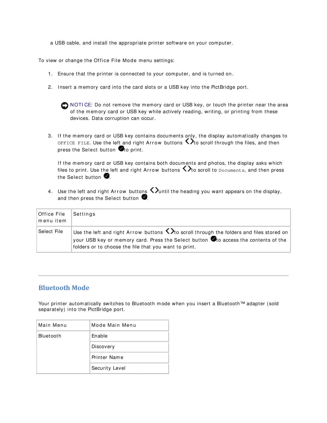 Dell V305 owner manual Bluetooth Mode, Office File Settings Menu item 