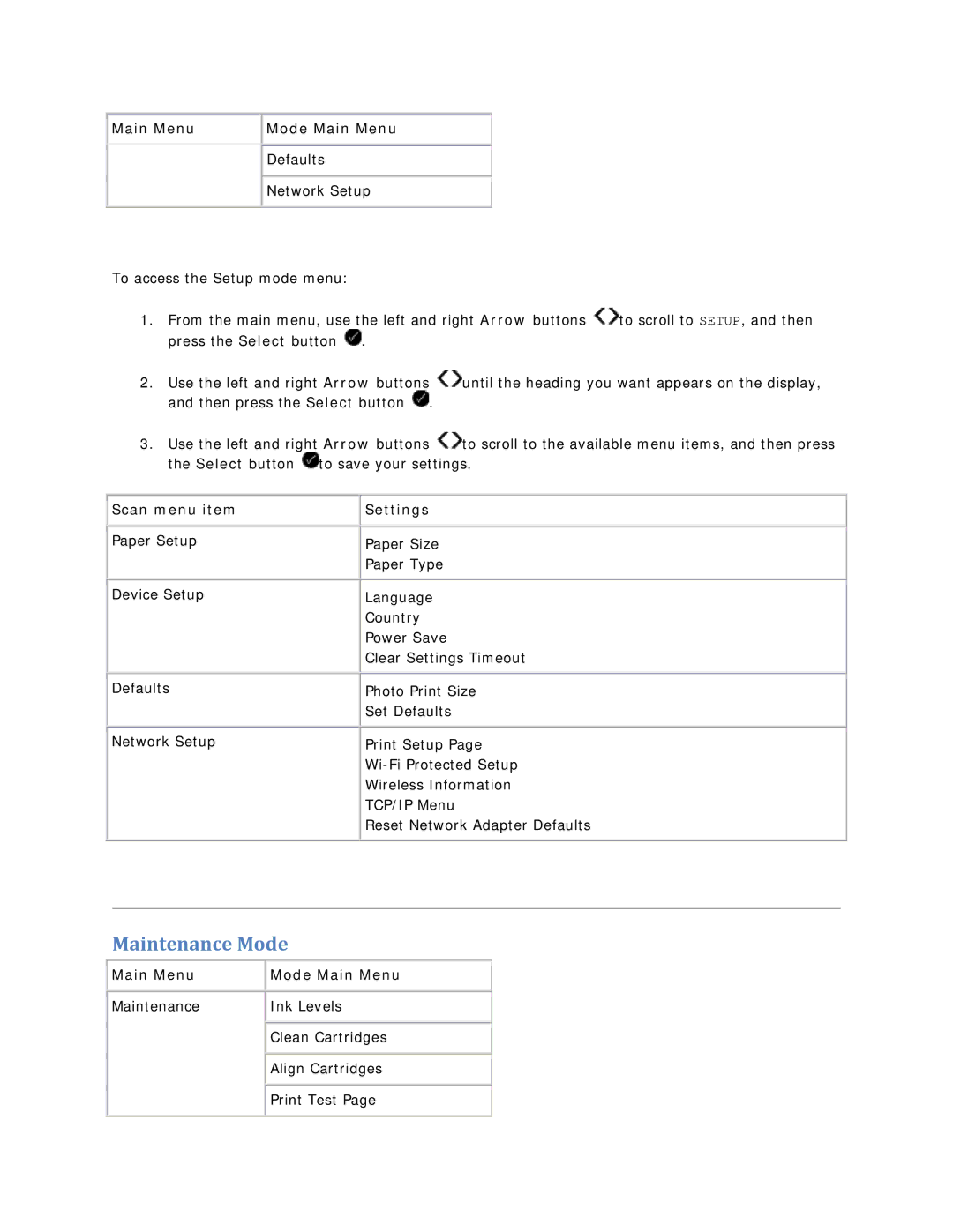 Dell V305 owner manual Maintenance Mode, Main Menu Mode Main Menu Defaults Network Setup 