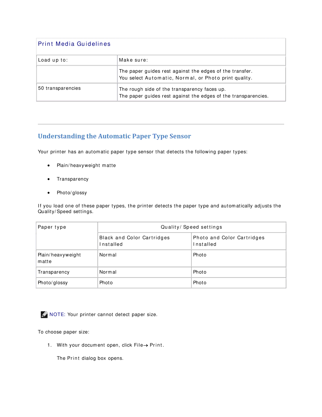 Dell V305 owner manual Understanding the Automatic Paper Type Sensor 