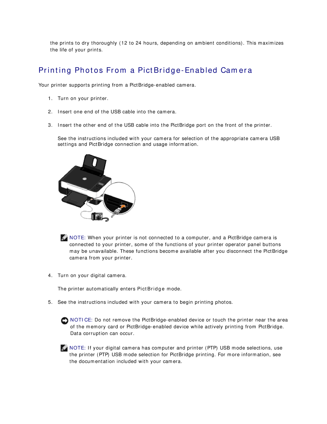 Dell V305 owner manual Printing Photos From a PictBridge-Enabled Camera 