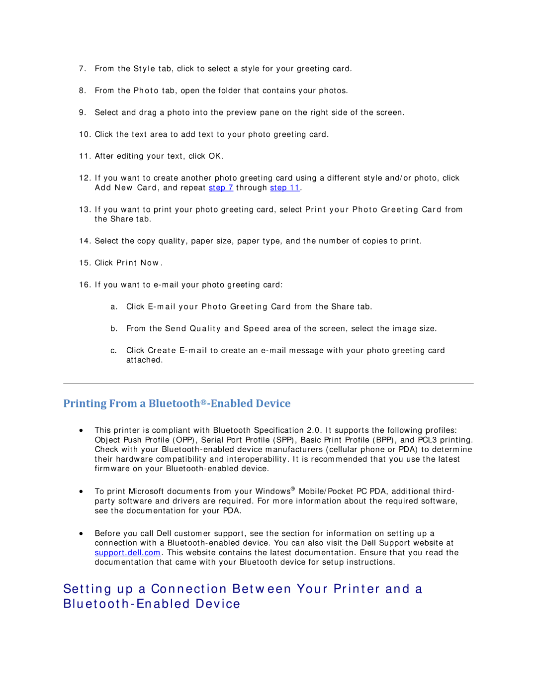 Dell V305 owner manual Printing From a Bluetooth­Enabled Device, Click E-mail your Photo Greeting Card from the Share tab 