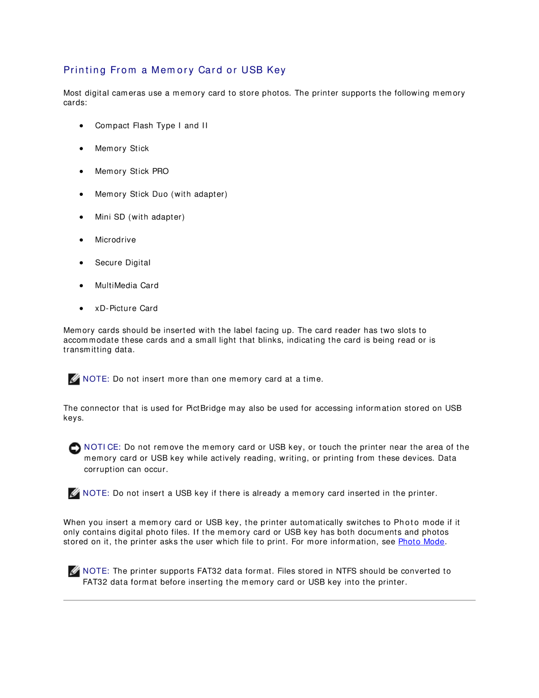 Dell V305 owner manual Printing From a Memory Card or USB Key 