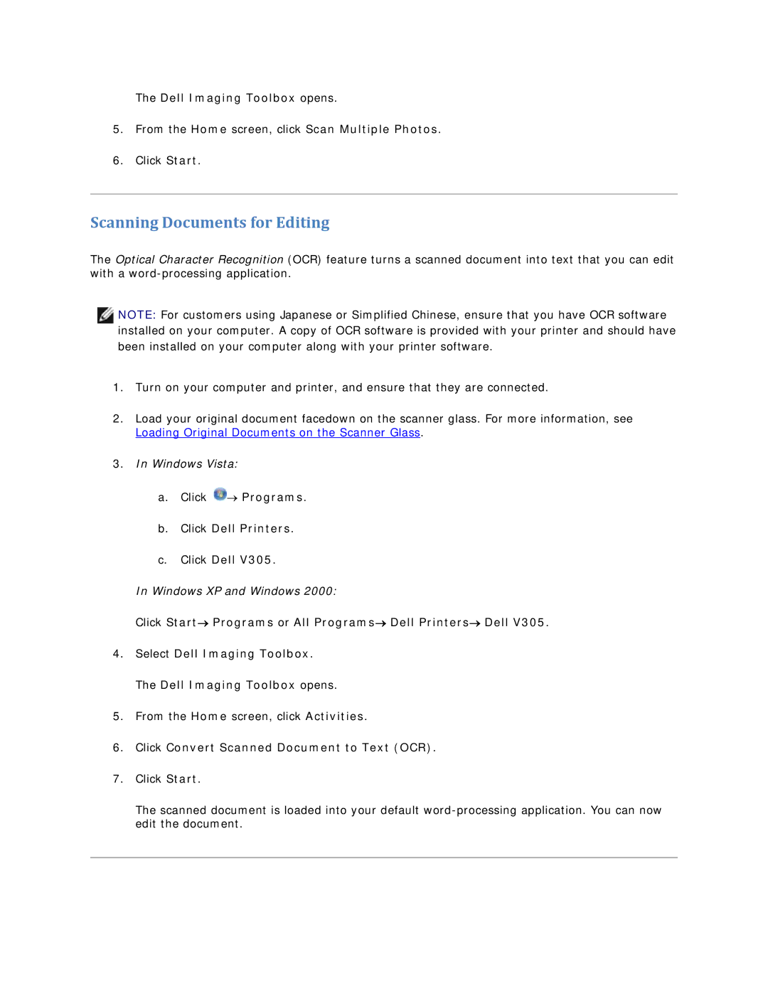 Dell V305 owner manual Scanning Documents for Editing, Click Convert Scanned Document to Text OCR 