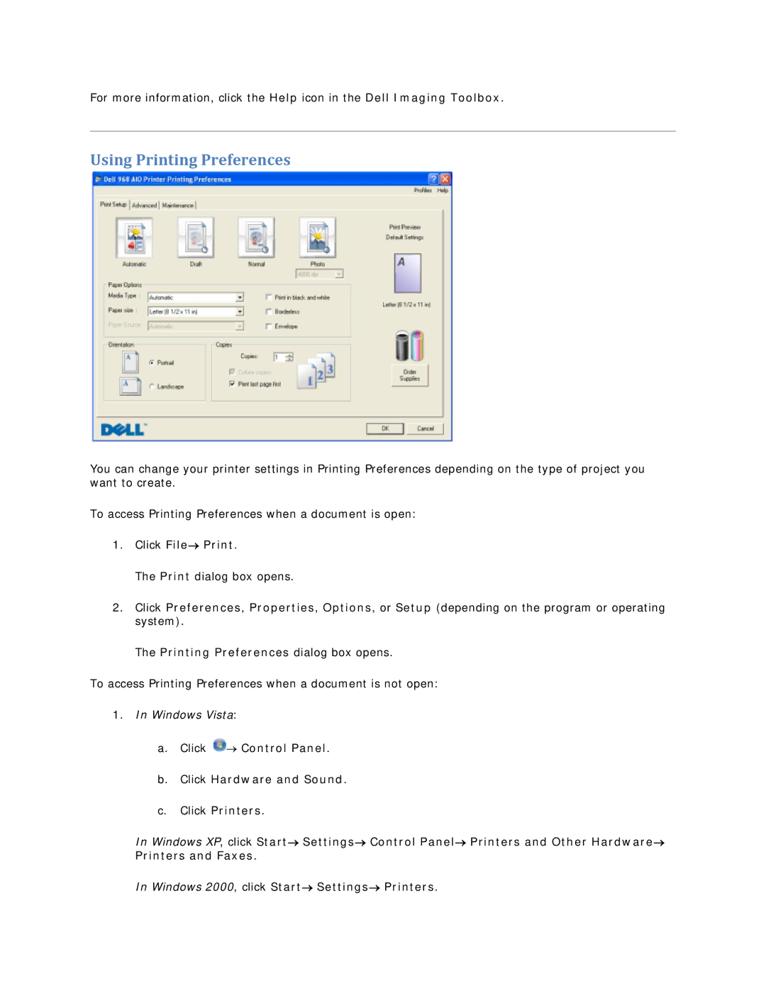 Dell V305 owner manual Using Printing Preferences, Click File→ Print 