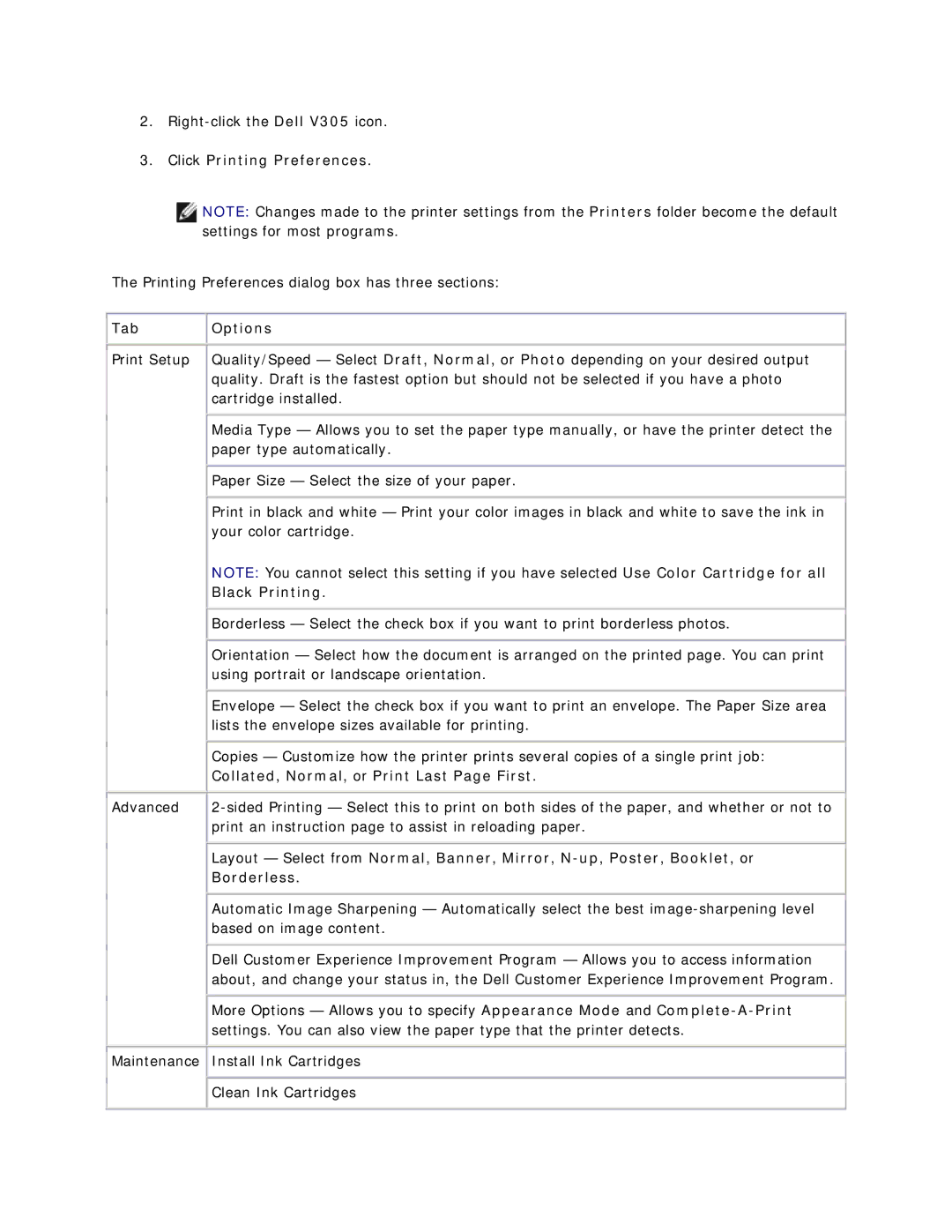 Dell V305 owner manual Tab Options, Black Printing, Collated, Normal, or Print Last Page First, Borderless 