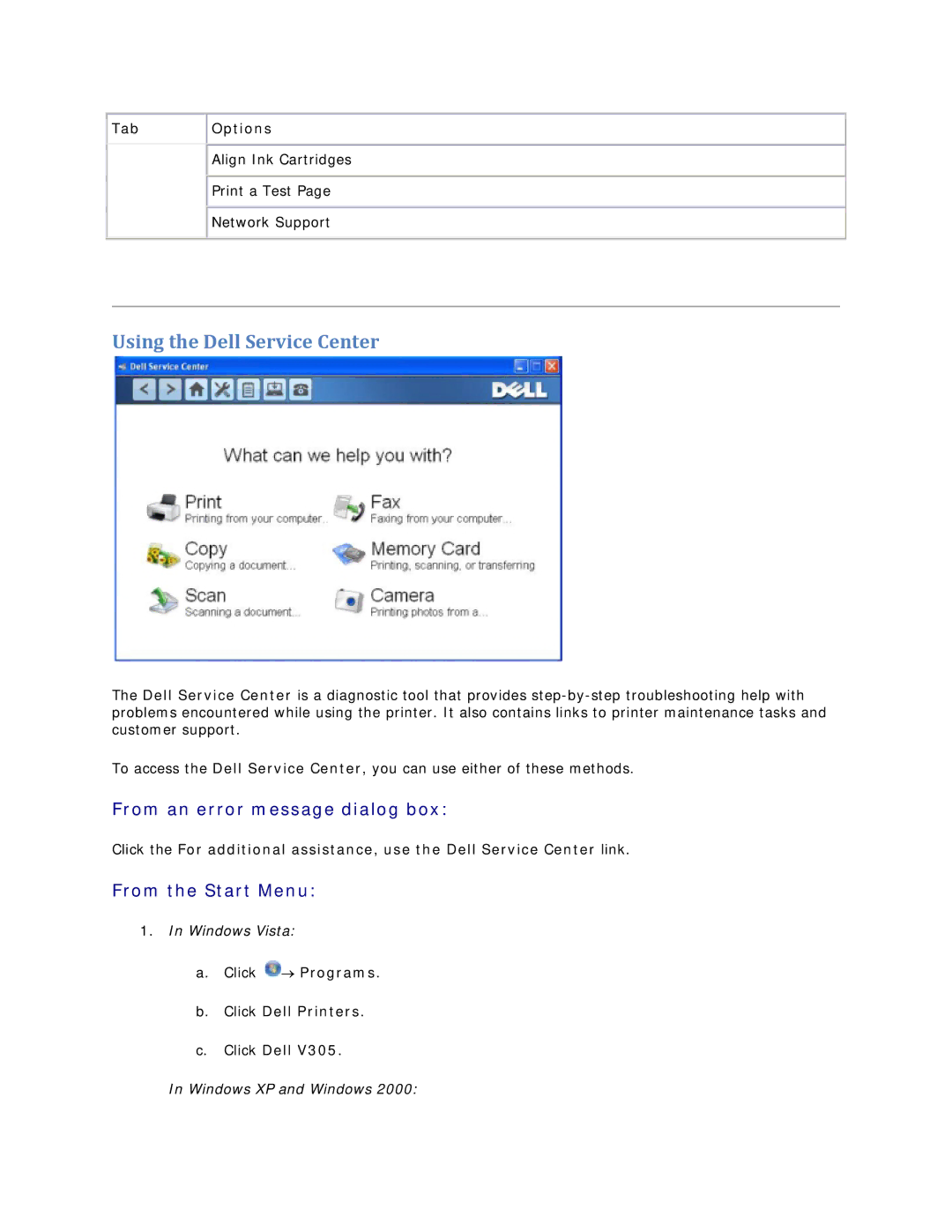 Dell V305 owner manual Using the Dell Service Center, From the Start Menu 