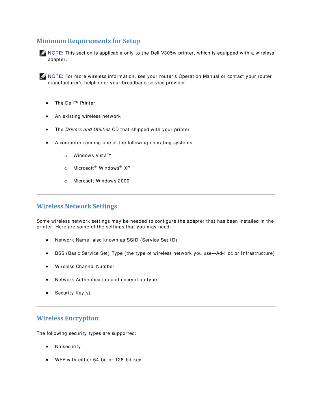 Dell V305 owner manual Minimum Requirements for Setup, Wireless Network Settings, Wireless Encryption 