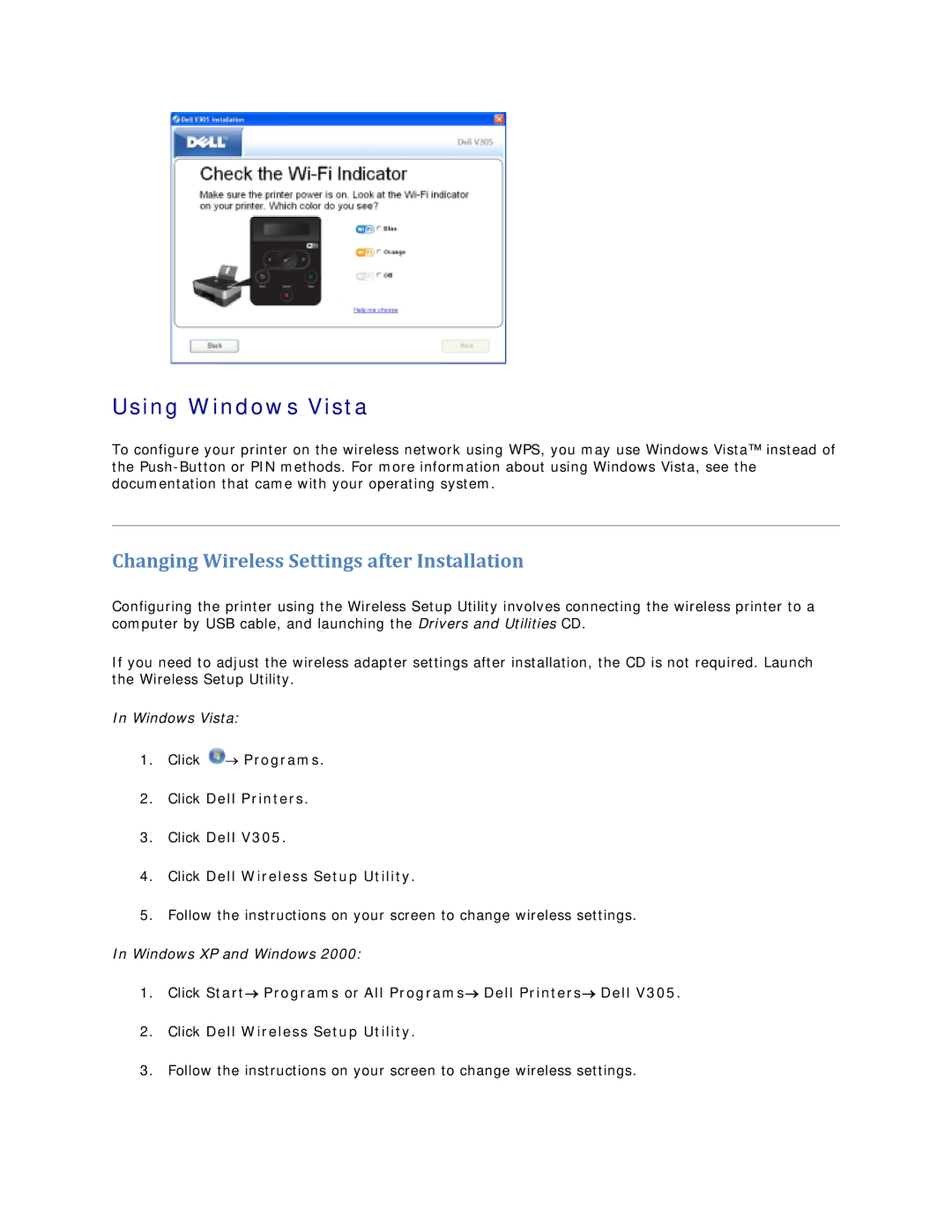 Dell V305 owner manual Using Windows Vista, Changing Wireless Settings after Installation 