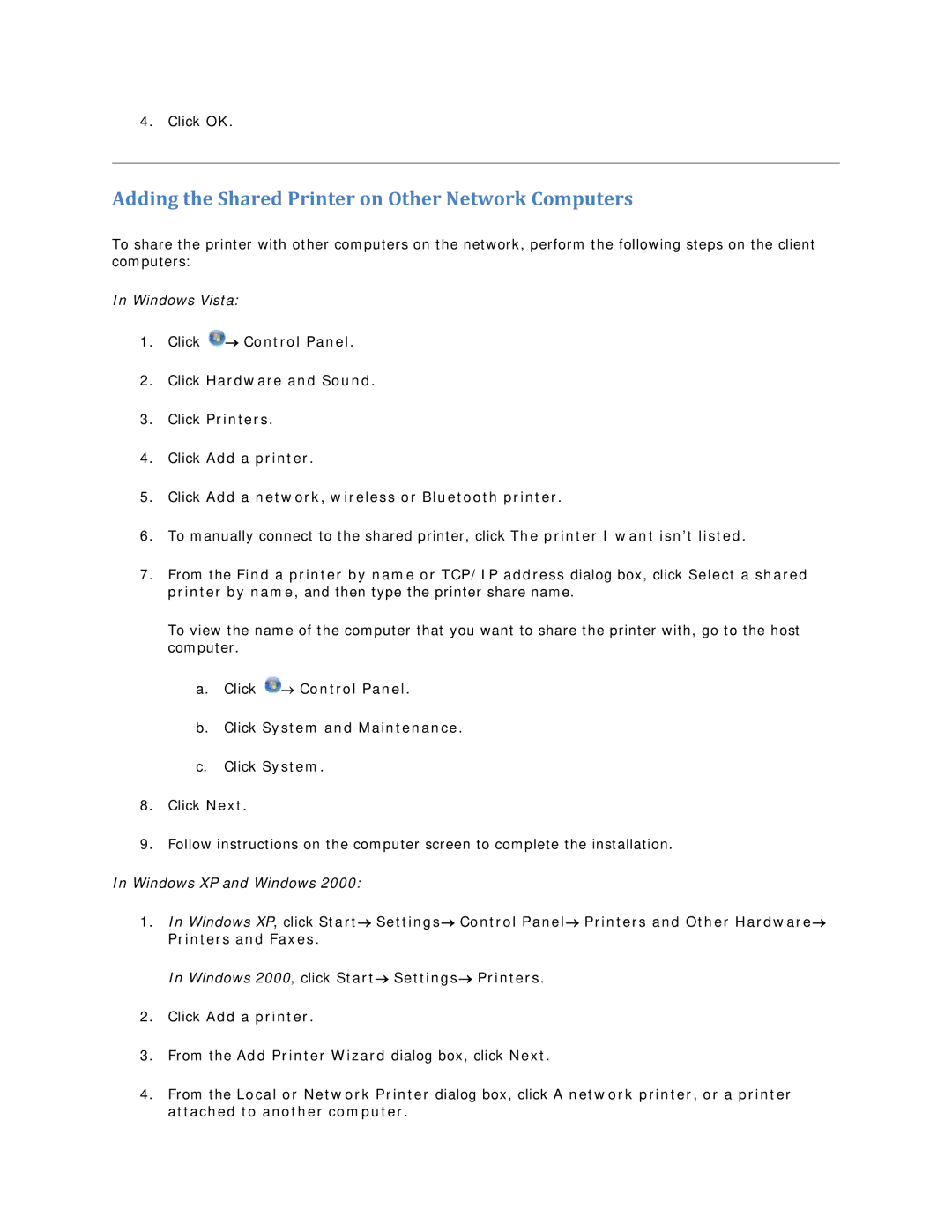 Dell V305 Adding the Shared Printer on Other Network Computers, Click → Control Panel Click System and Maintenance 