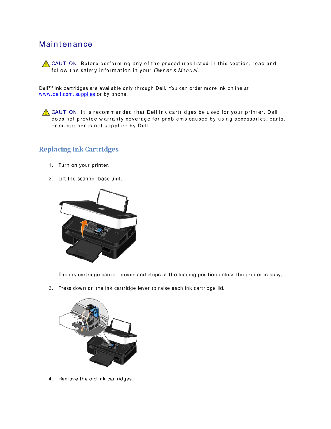 Dell V305 owner manual Maintenance, Replacing Ink Cartridges 