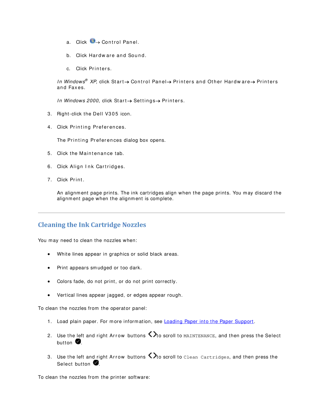 Dell V305 owner manual Cleaning the Ink Cartridge Nozzles, Click Align Ink Cartridges 