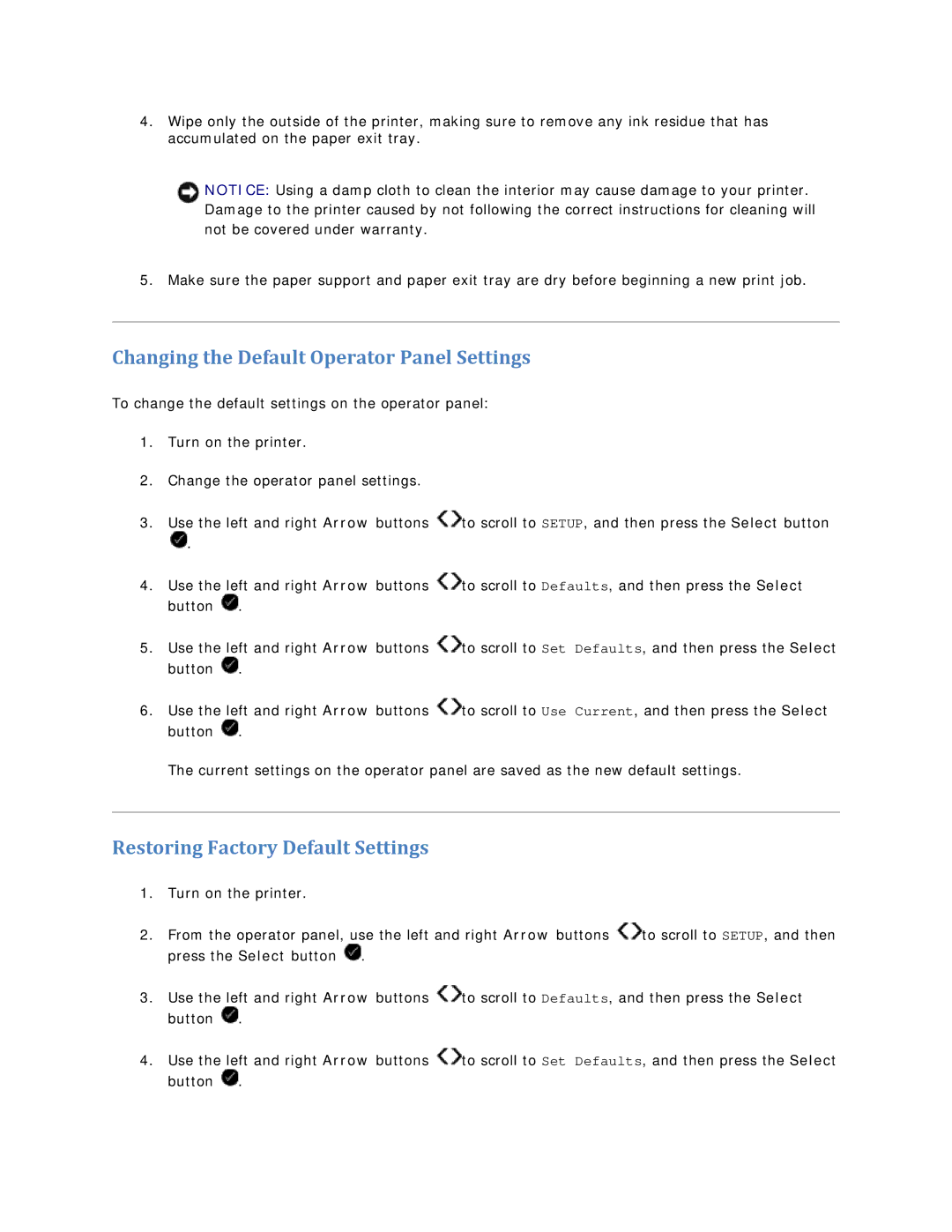 Dell V305 owner manual Changing the Default Operator Panel Settings, Restoring Factory Default Settings 