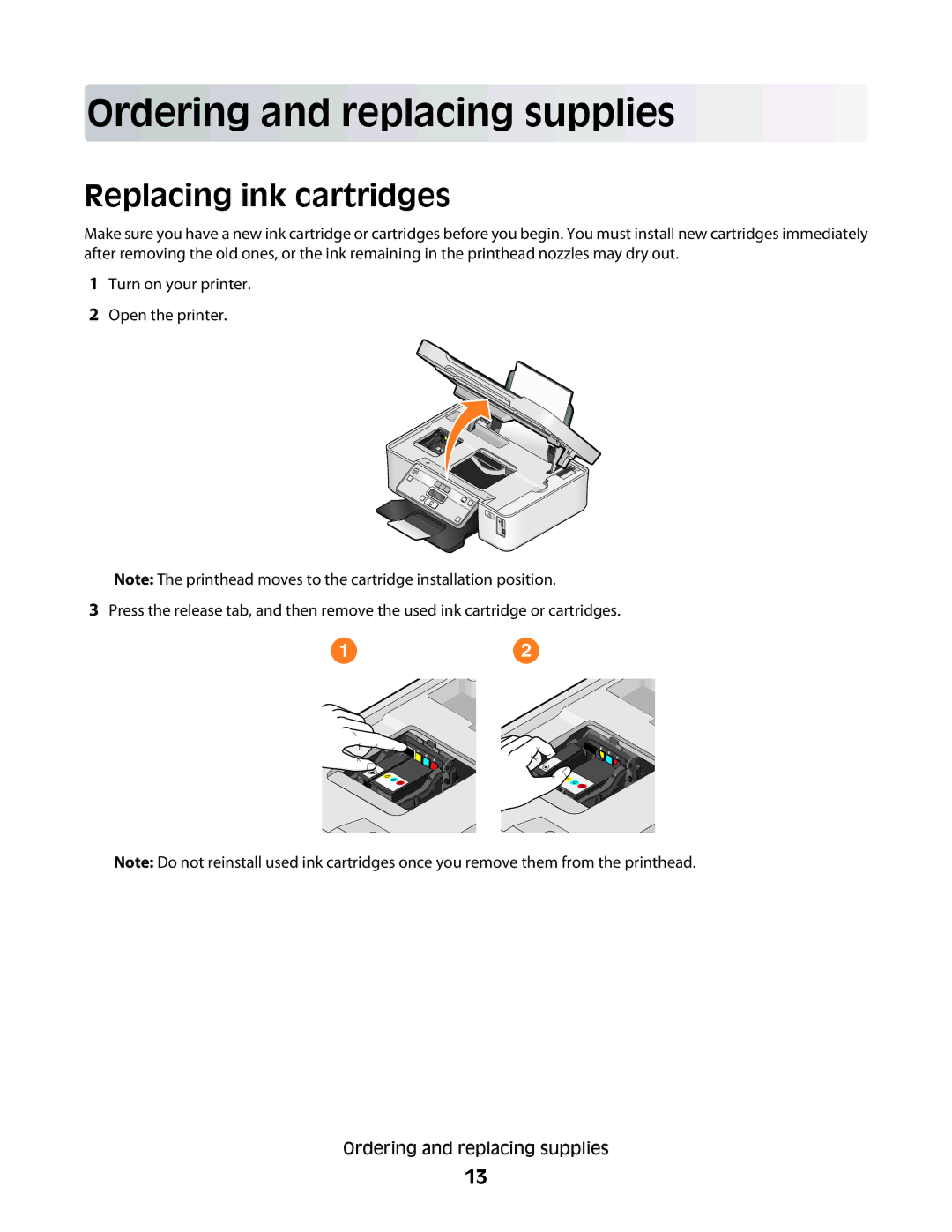 Dell V310 manual Ordering and replacing supplies, Replacing ink cartridges 