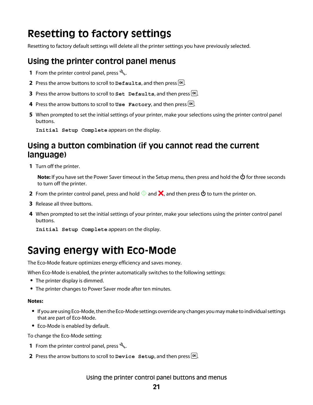 Dell V310 manual Resetting to factory settings, Saving energy with Eco-Mode, Using the printer control panel menus 