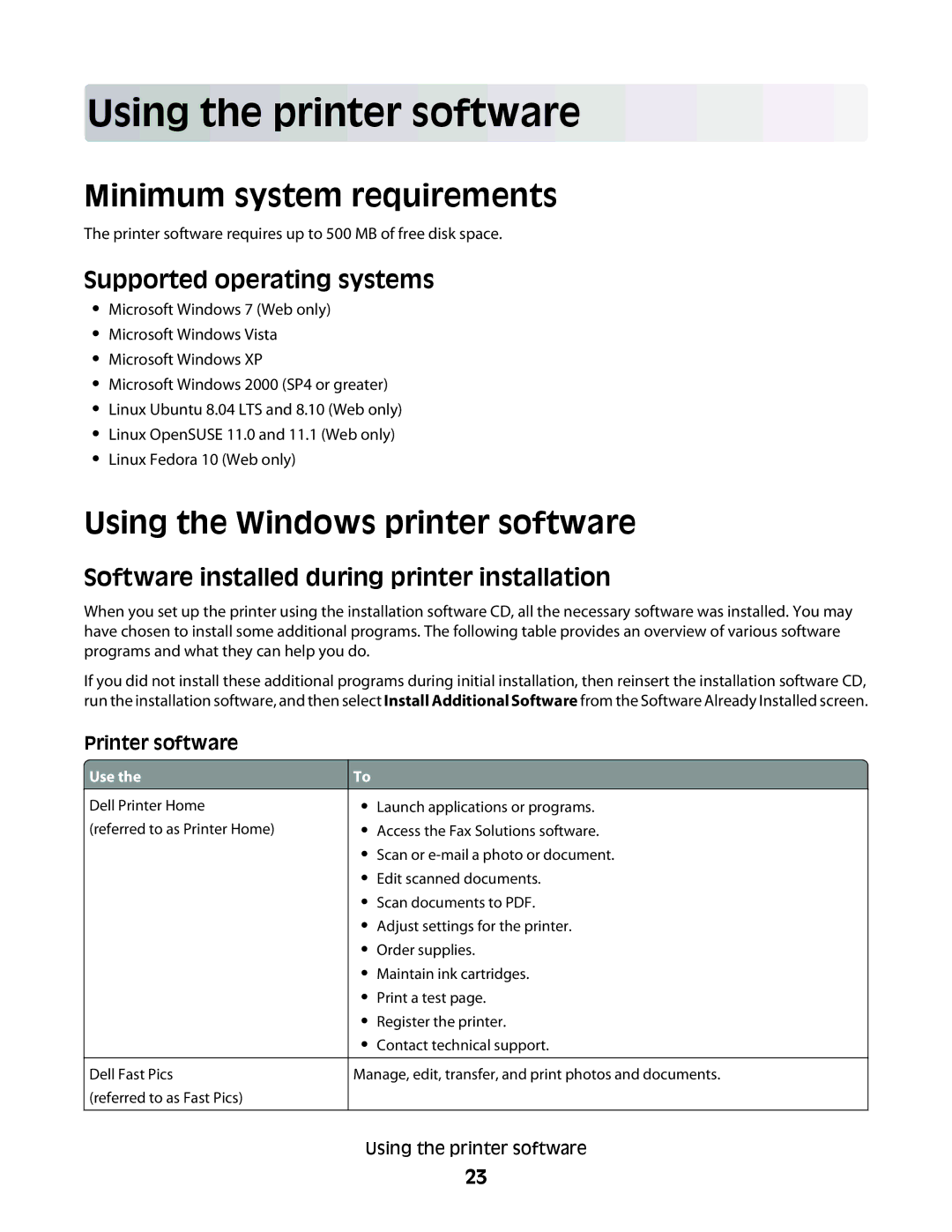 Dell V310 manual Using the printer software, Minimum system requirements, Using the Windows printer software 