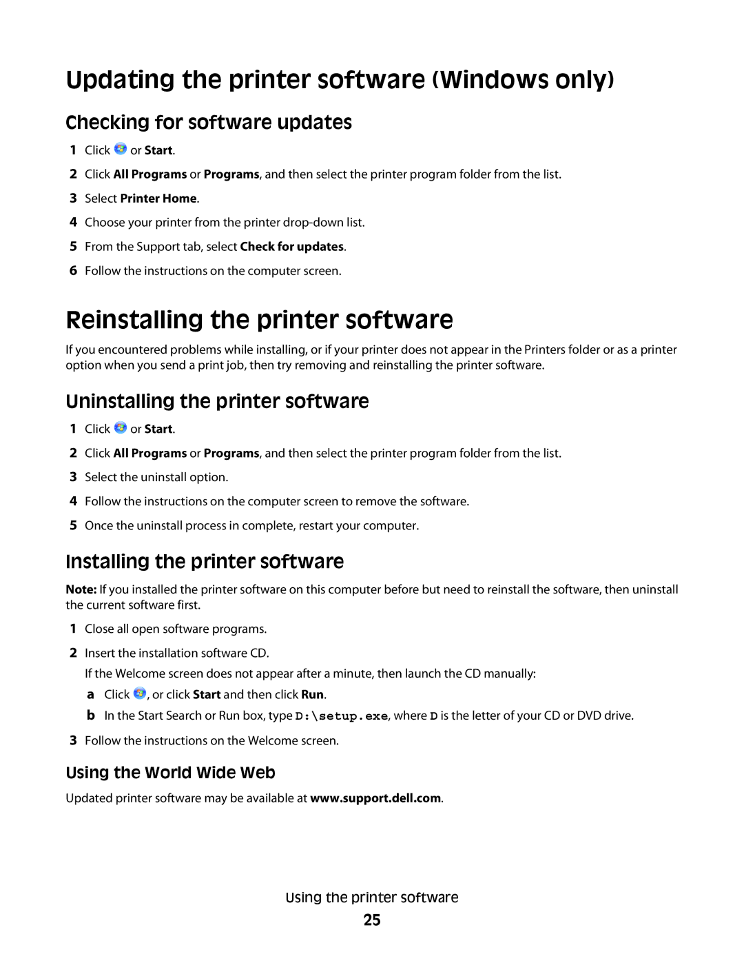 Dell V310 Updating the printer software Windows only, Reinstalling the printer software, Checking for software updates 