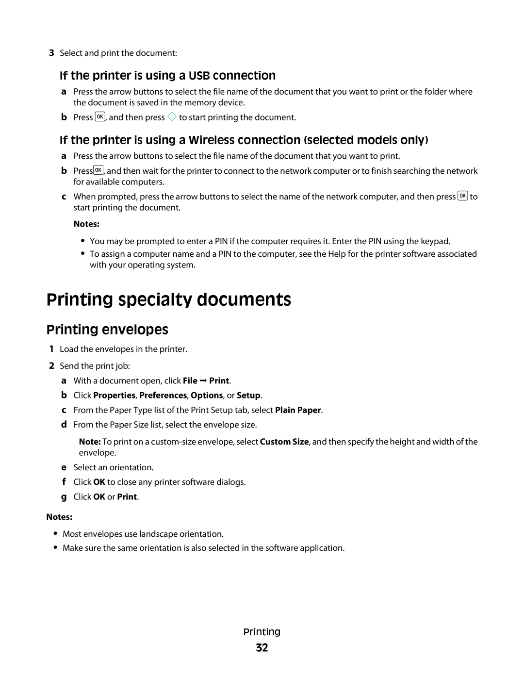 Dell V310 manual Printing specialty documents, Printing envelopes, If the printer is using a USB connection 