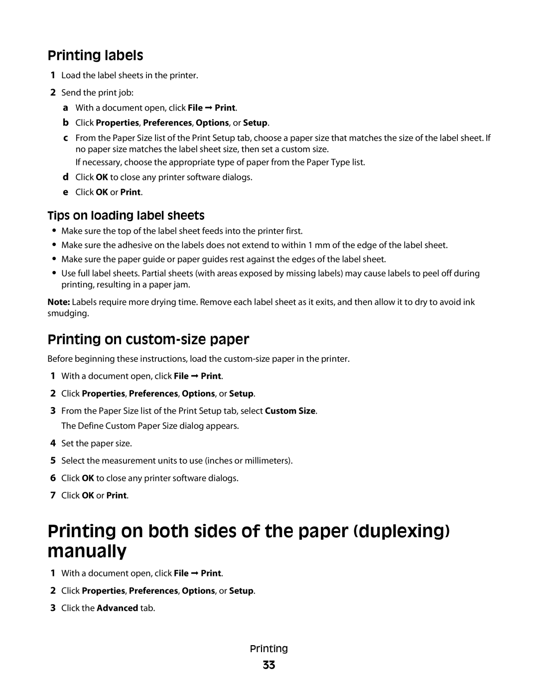 Dell V310 Printing on both sides of the paper duplexing manually, Printing labels, Printing on custom-size paper 