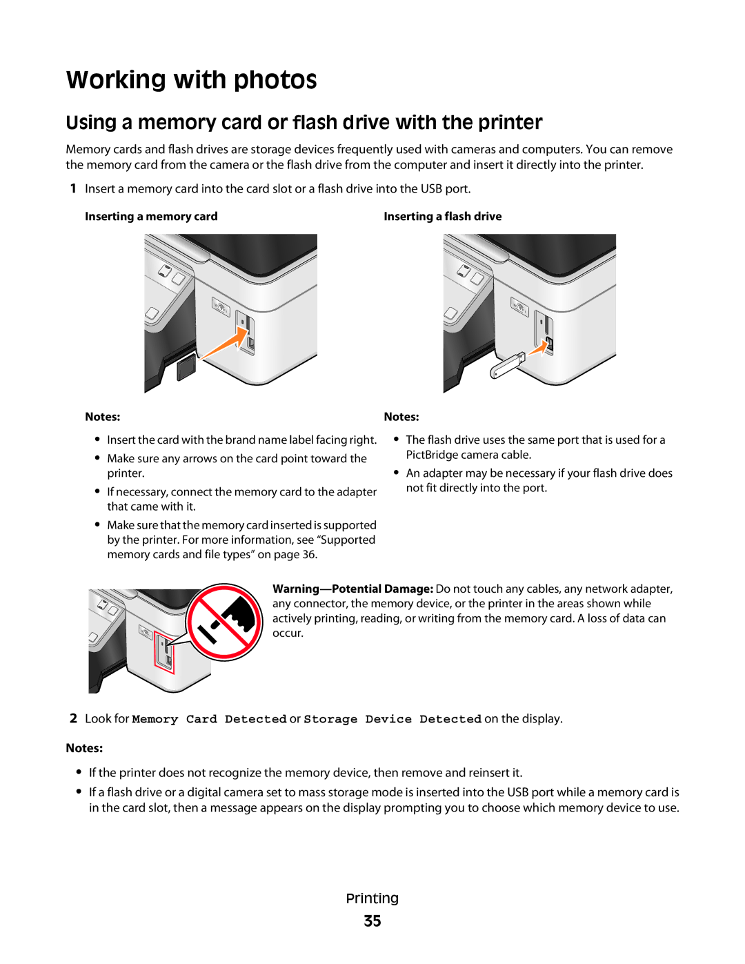 Dell V310 manual Working with photos, Using a memory card or flash drive with the printer 