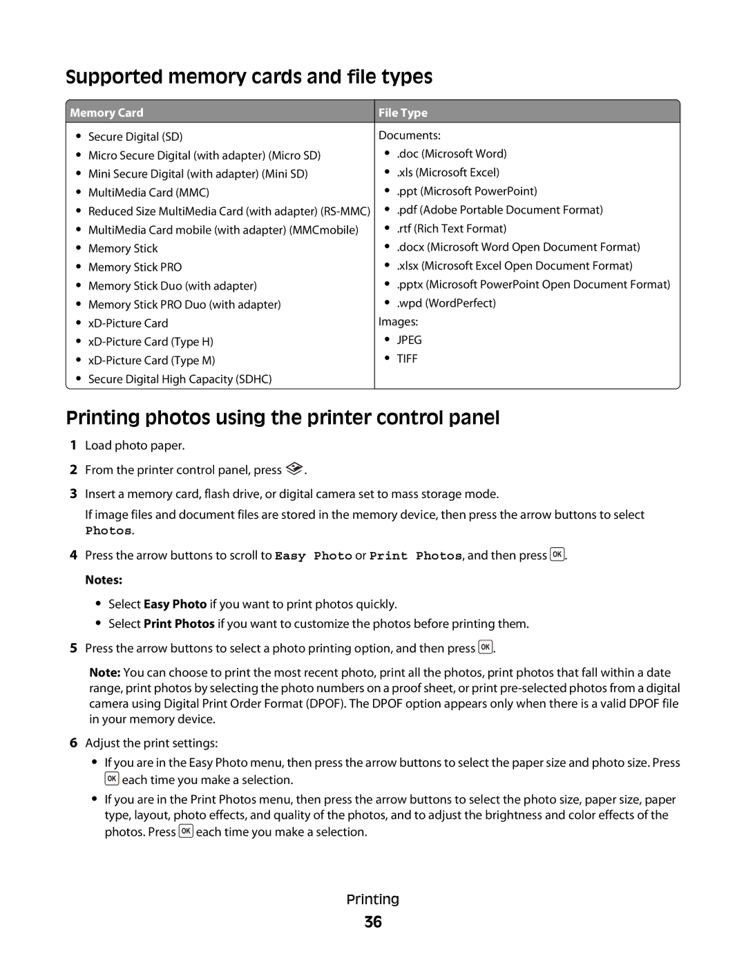 Dell V310 manual Supported memory cards and file types, Printing photos using the printer control panel 