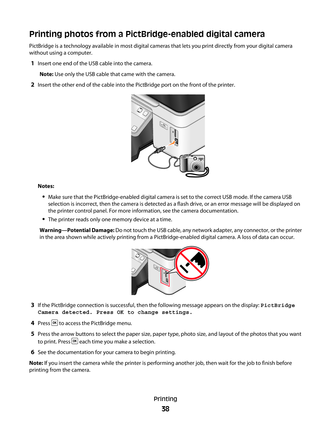 Dell V310 manual Printing photos from a PictBridge-enabled digital camera, Camera detected. Press OK to change settings 