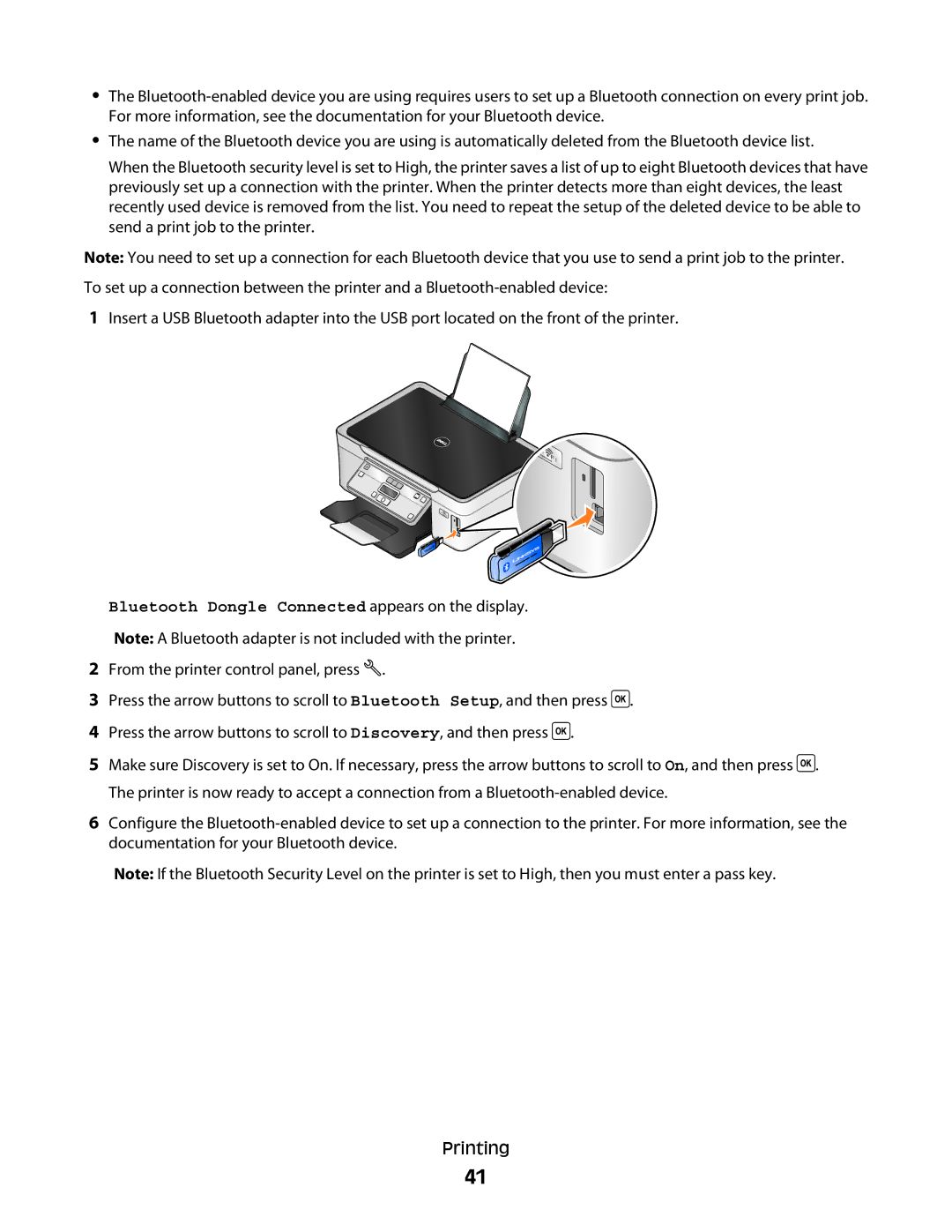 Dell V310 manual Bluetooth Dongle Connected appears on the display 