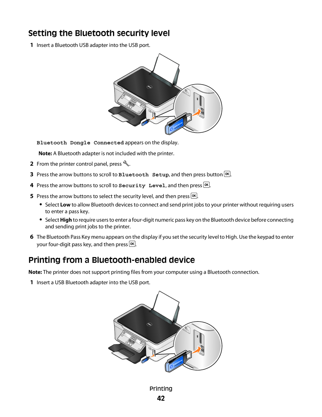 Dell V310 manual Setting the Bluetooth security level, Printing from a Bluetooth-enabled device 