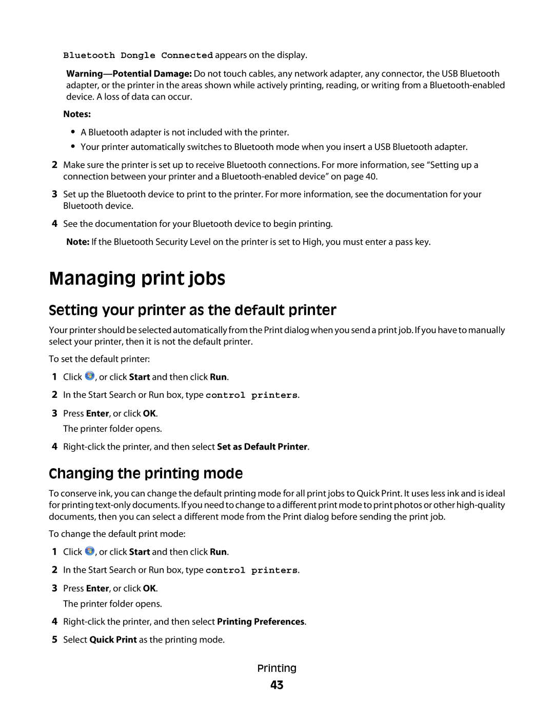 Dell V310 manual Managing print jobs, Setting your printer as the default printer, Changing the printing mode 