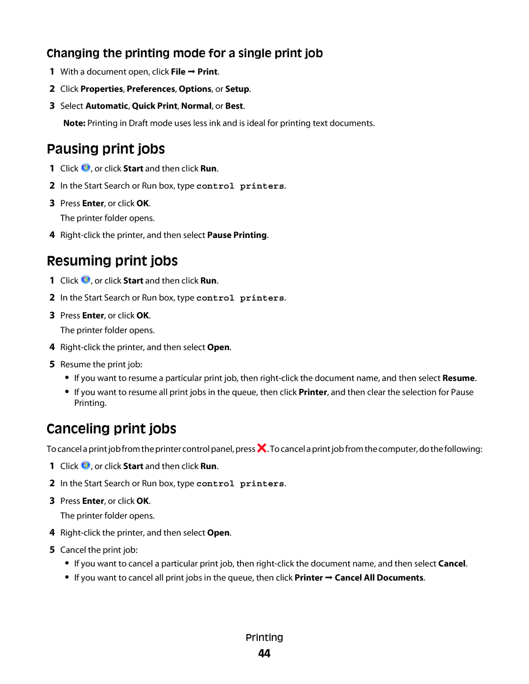 Dell V310 Pausing print jobs, Resuming print jobs, Canceling print jobs, Changing the printing mode for a single print job 