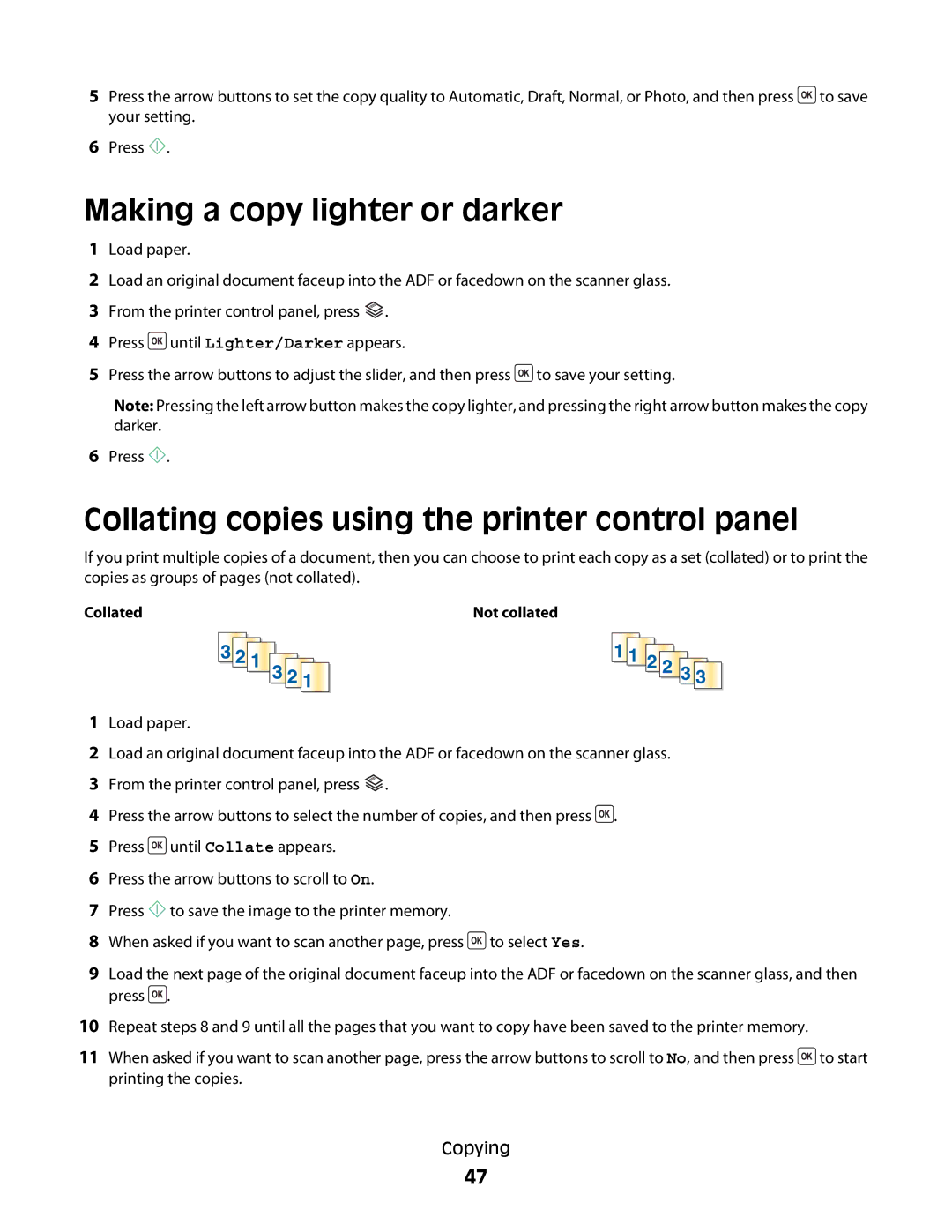 Dell V310 manual Making a copy lighter or darker, Collating copies using the printer control panel 