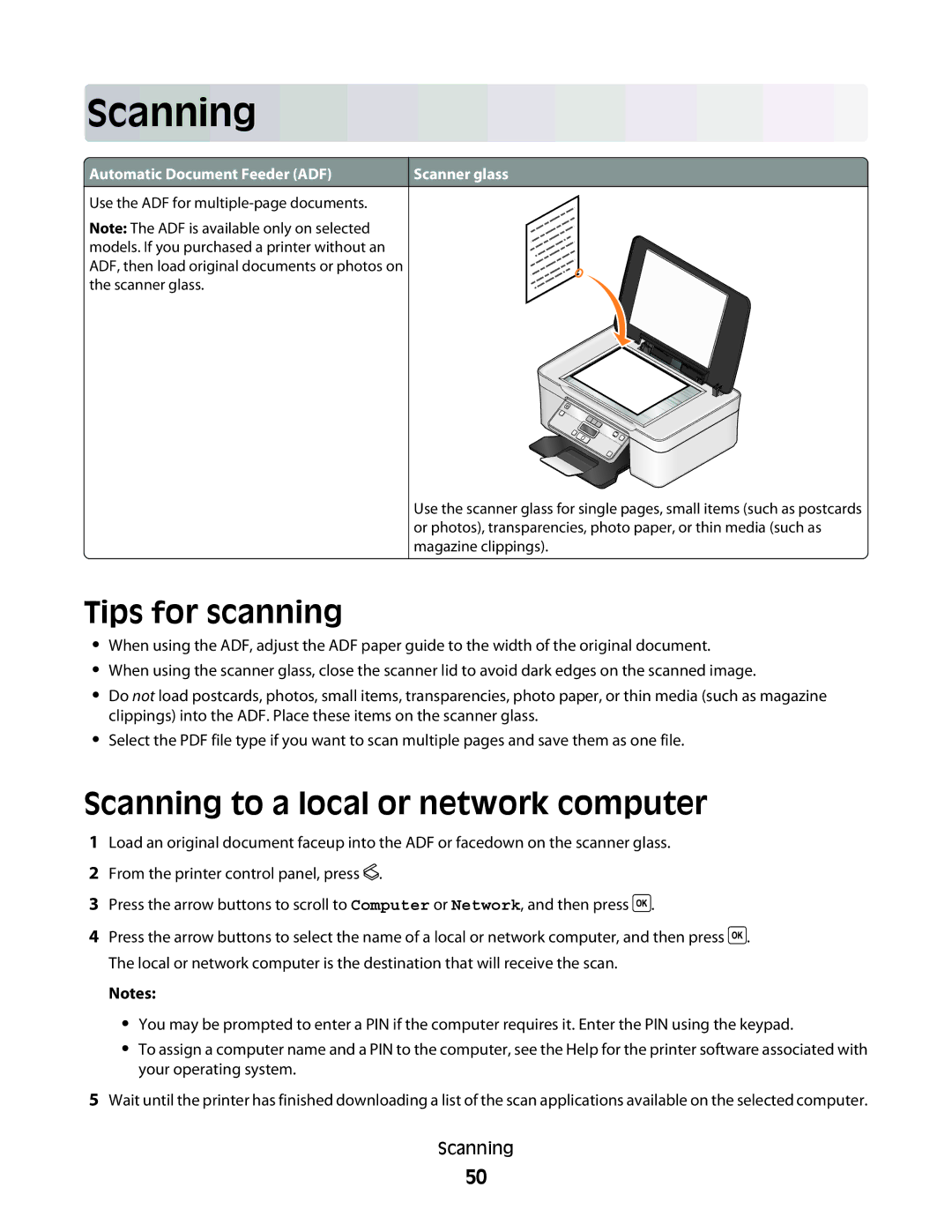 Dell V310 manual Tips for scanning, Scanning to a local or network computer 