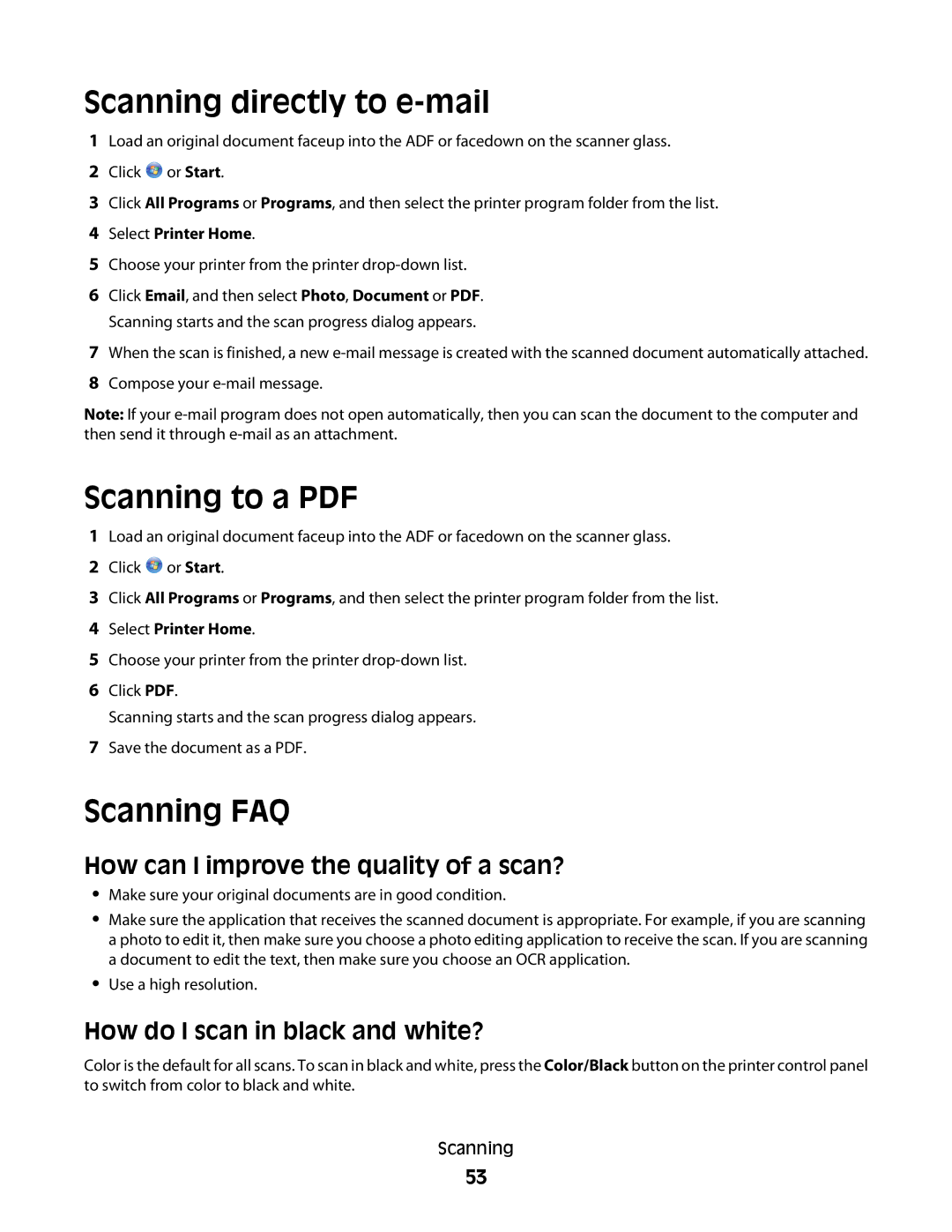 Dell V310 manual Scanning directly to e-mail, Scanning FAQ, How can I improve the quality of a scan? 